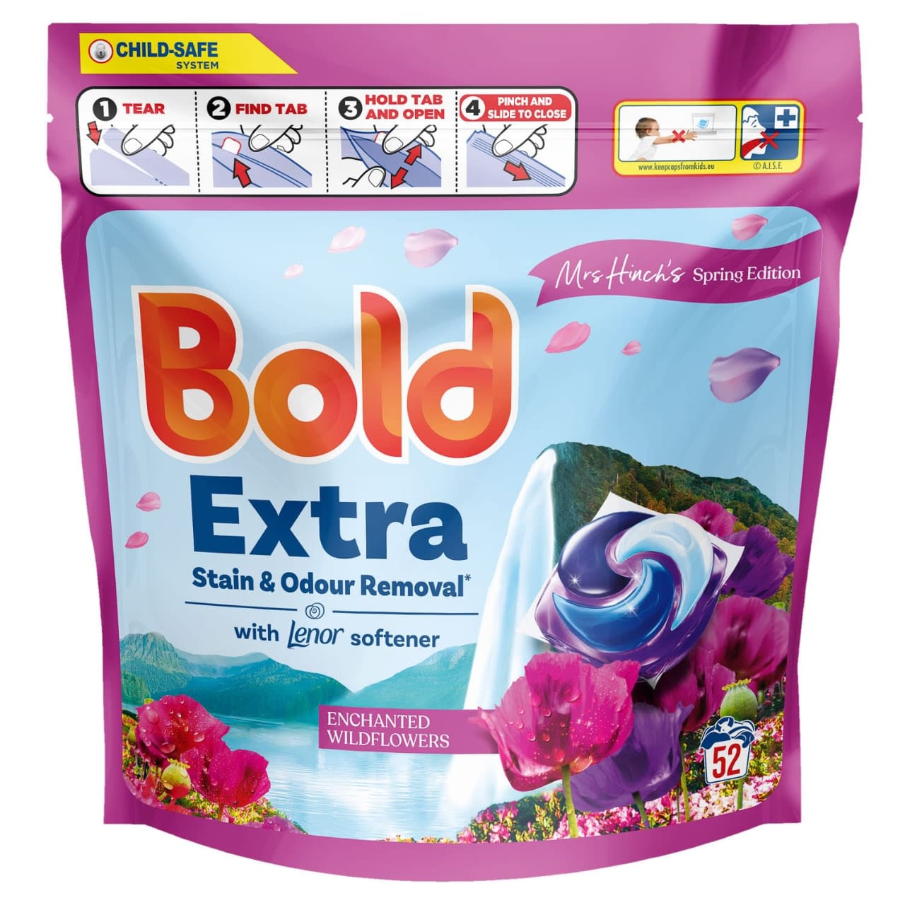 Bold Extra Stain & Odour Removal With Lenor Softner Wildflowers 52 Pods